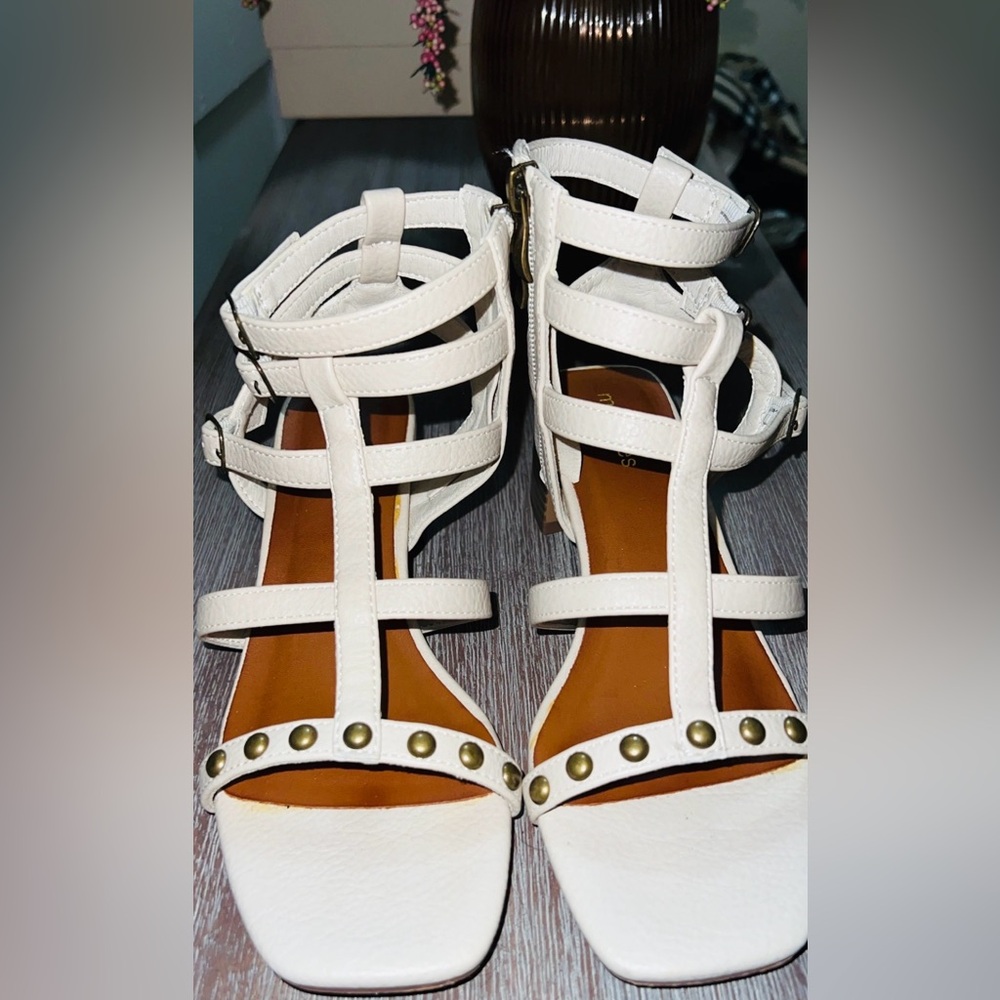 Maurices White Strappy Sandals with Gold Accents